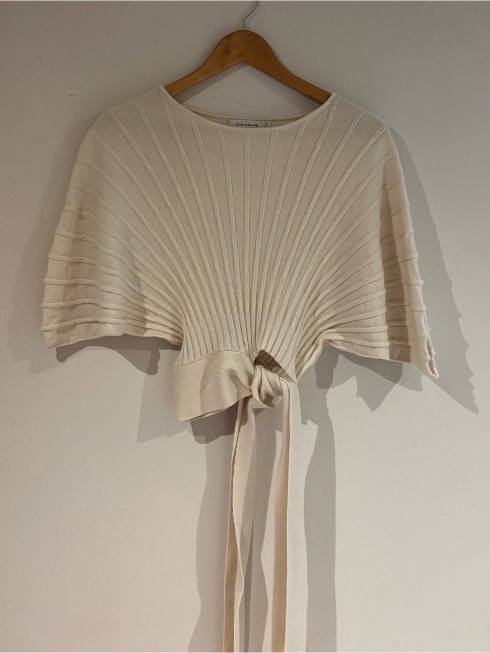 Club Monaco Ivory Ribbed Tie-Front Sweater Top